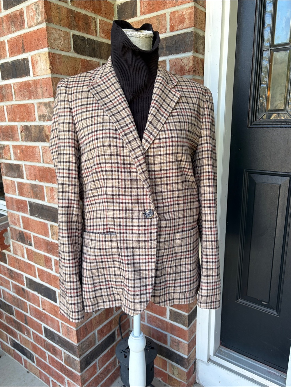 Chaps Woman’s Brown Tan Plaid Lined Blazer Sz 10